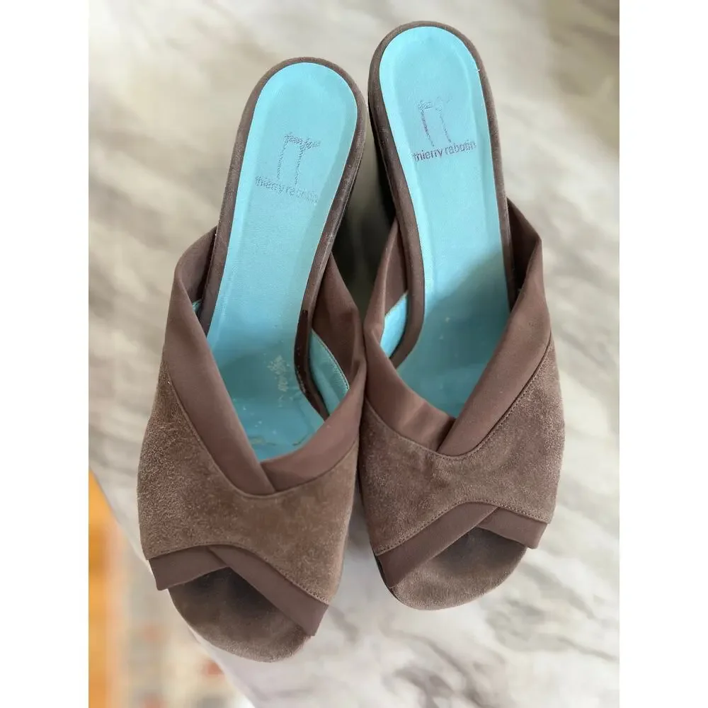Thierry Rabotin Brown Suede & Fabric Wedge Peep Toe Sandal